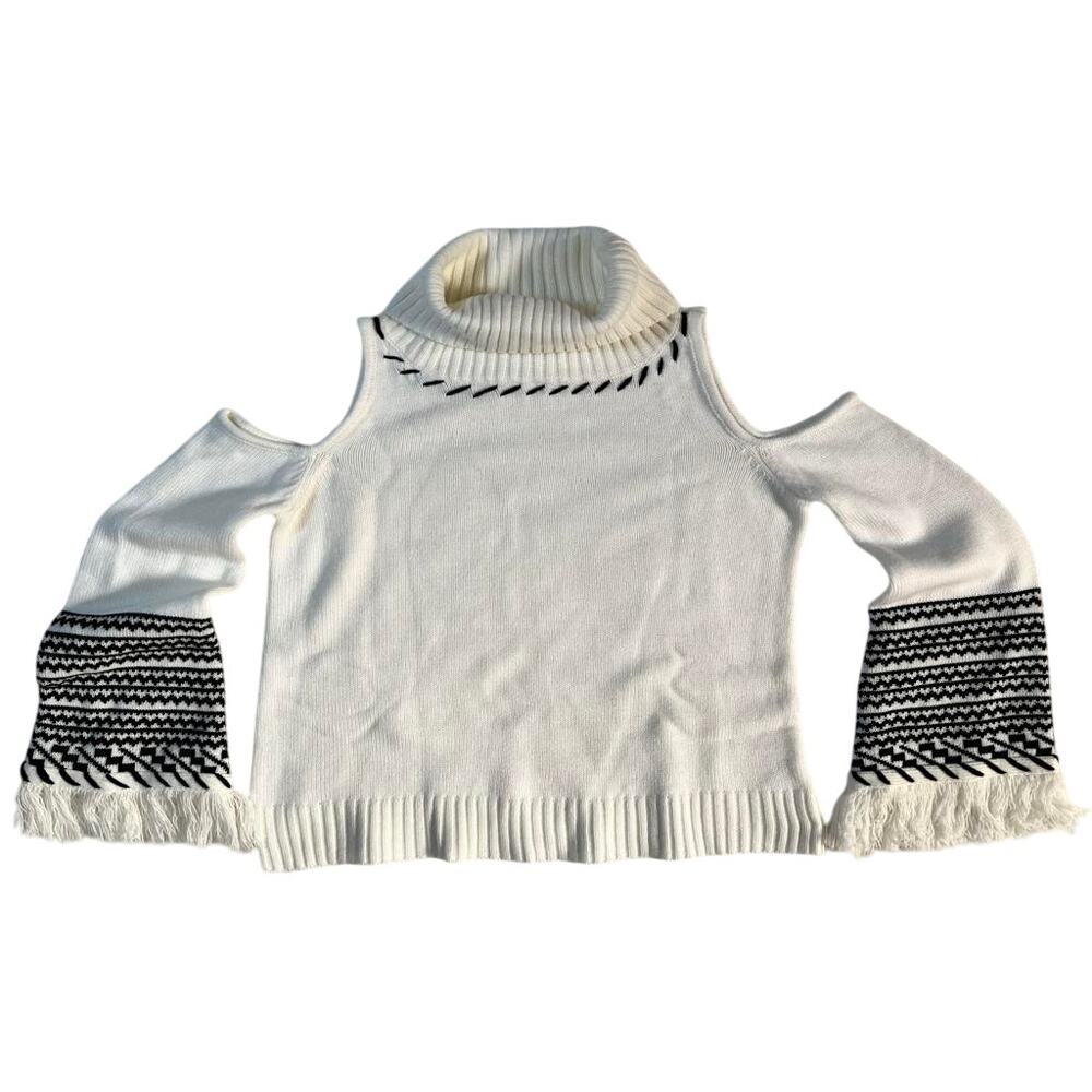 Venus Cold Shoulder Turtleneck Sweater Womens Bell Sleeves w/Fringe Ivory Size S